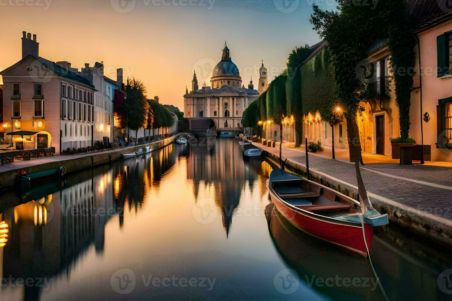 a boat is sitting on a canal in front of a church. AI-Generated photo