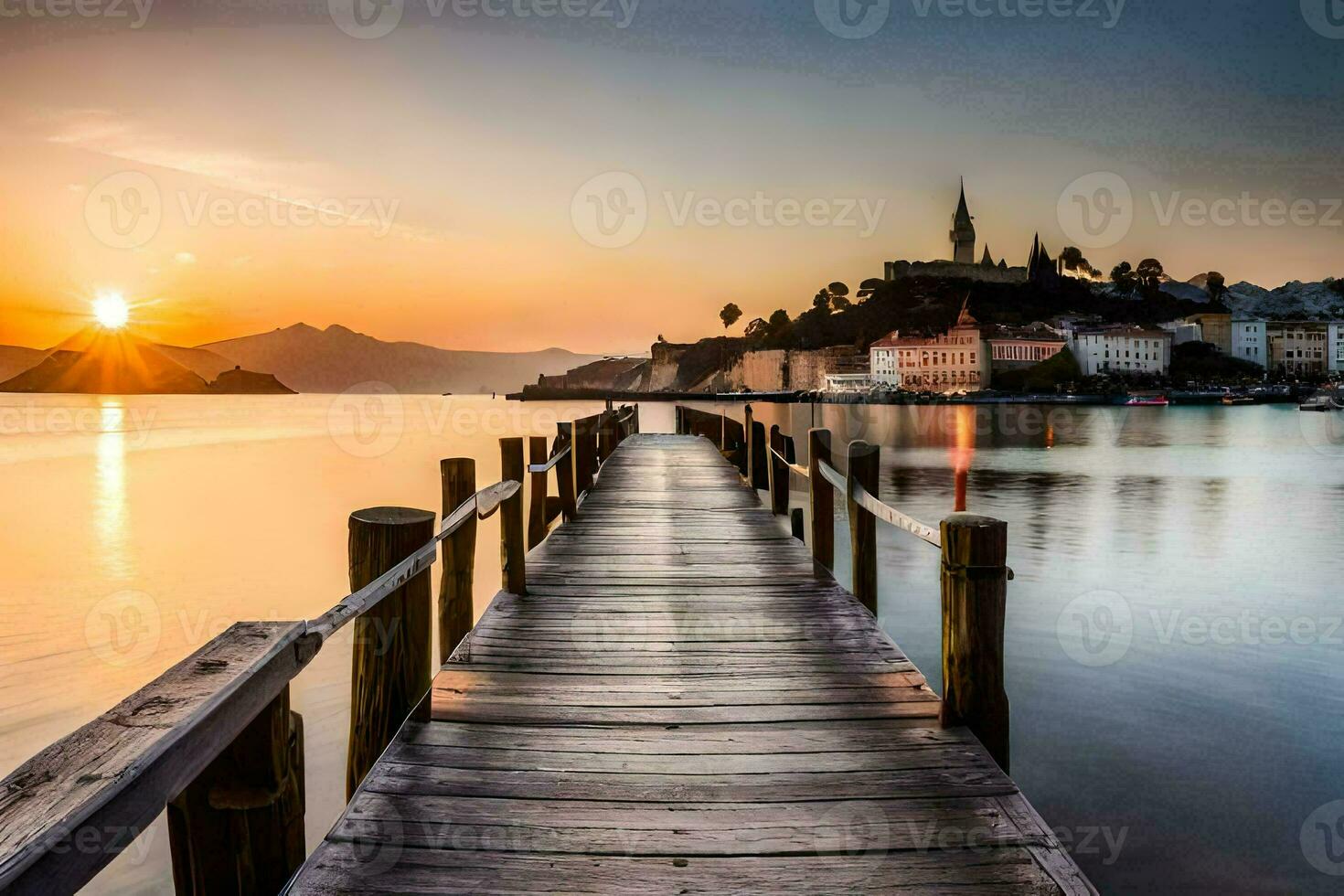 a wooden pier stretches out into the water at sunset. AI-Generated photo