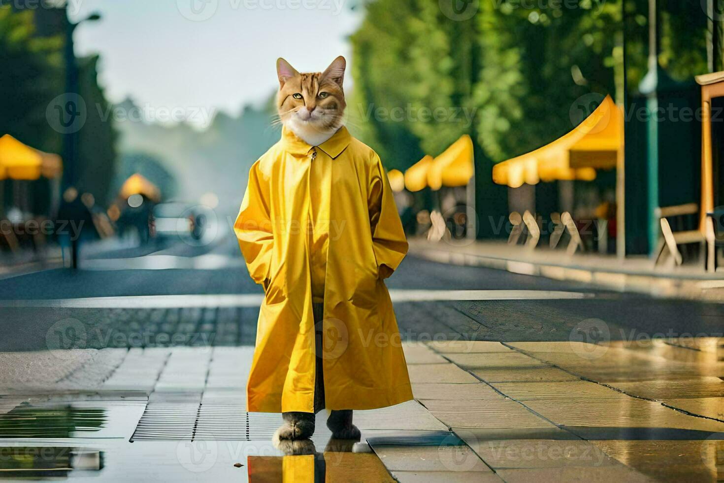 a cat in a yellow raincoat standing on a street. AI-Generated photo