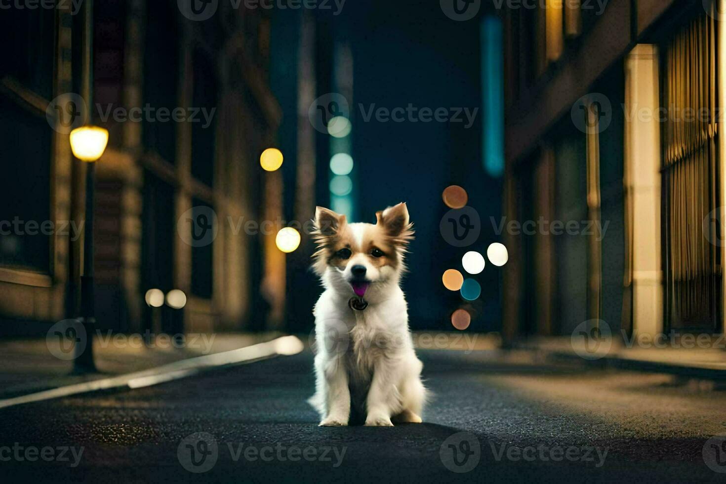 un perro sentado en el calle a noche. generado por ai foto