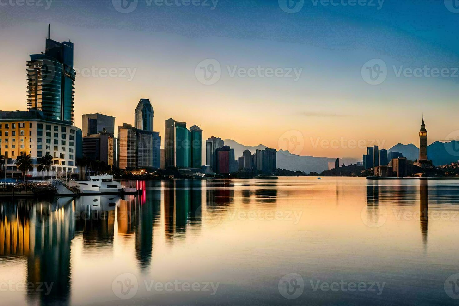 the city skyline is reflected in the water at sunset. AI-Generated photo