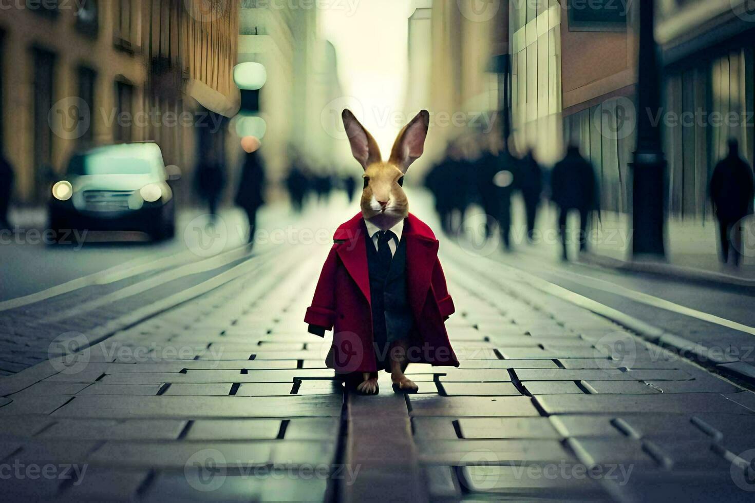 a rabbit wearing a red coat and tie on a city street. AI-Generated photo