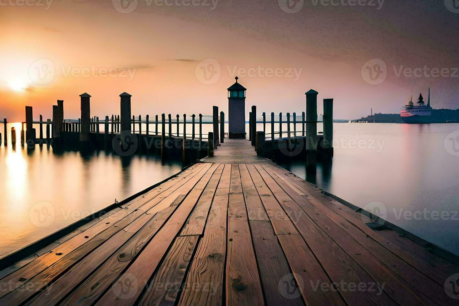 a pier with a lighthouse at sunset. AI-Generated photo