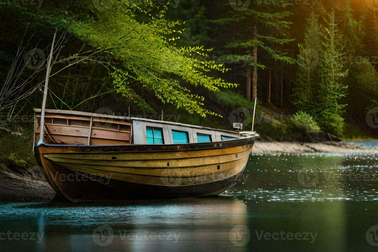 a boat sits on the shore of a river. AI-Generated photo