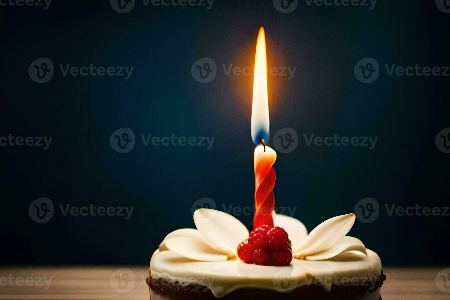 a single candle is lit on a small cake. AI-Generated photo