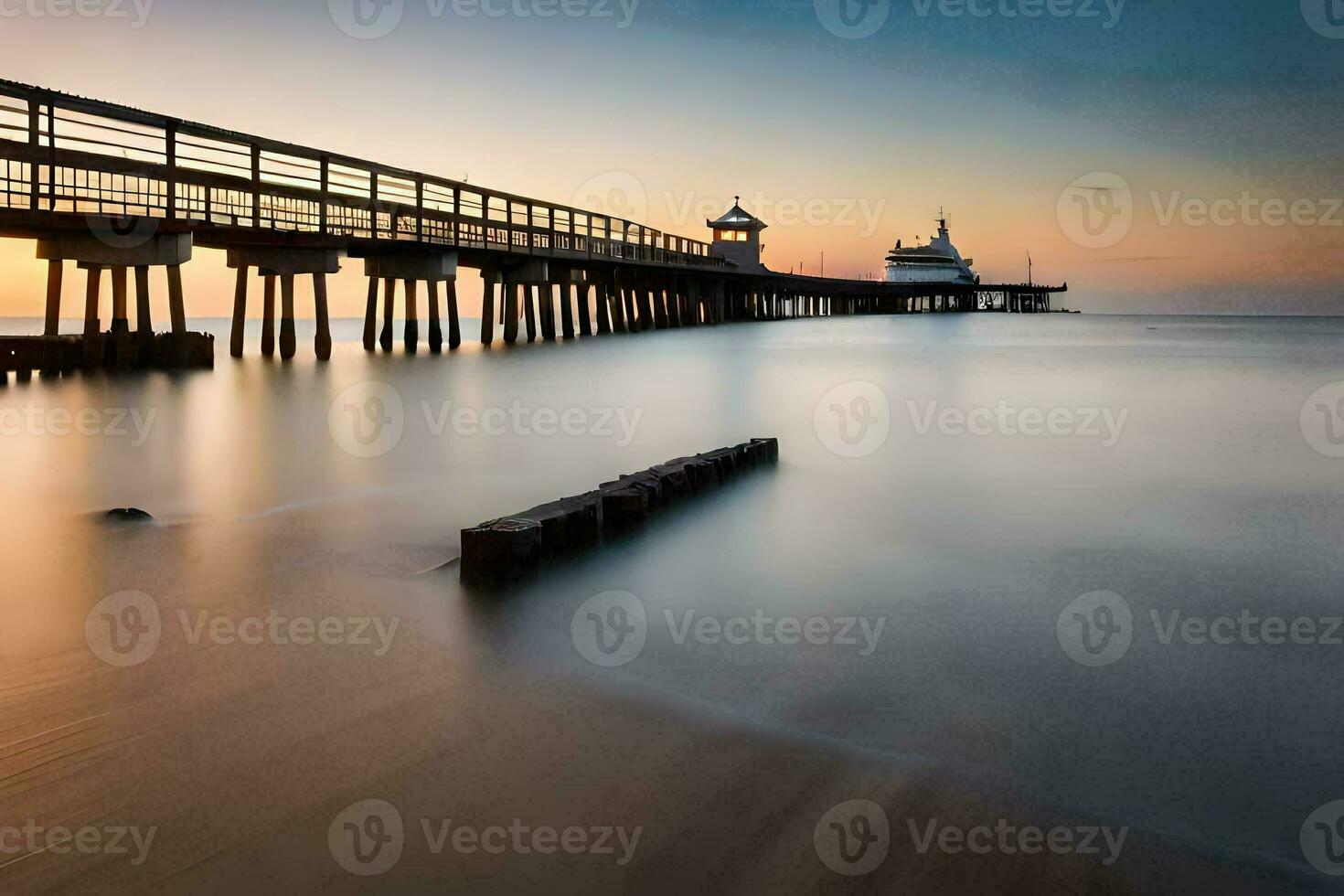 a long exposure photograph of a pier at sunset. AI-Generated photo