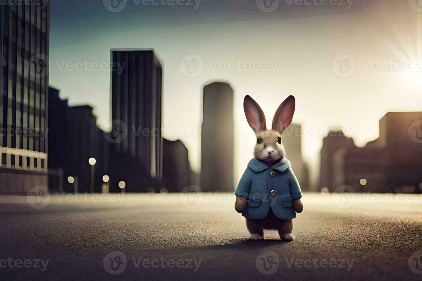 a rabbit in a blue coat standing in the middle of a city. AI-Generated photo