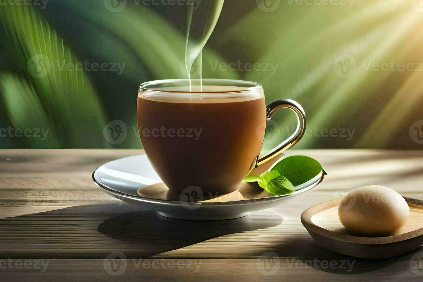 a cup of coffee with a green leaf on the table. AI-Generated photo