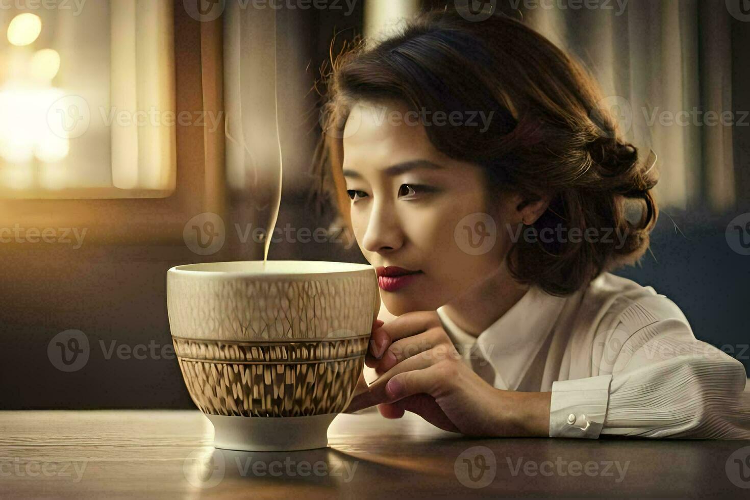 a woman is sitting at a table with a cup of coffee. AI-Generated photo