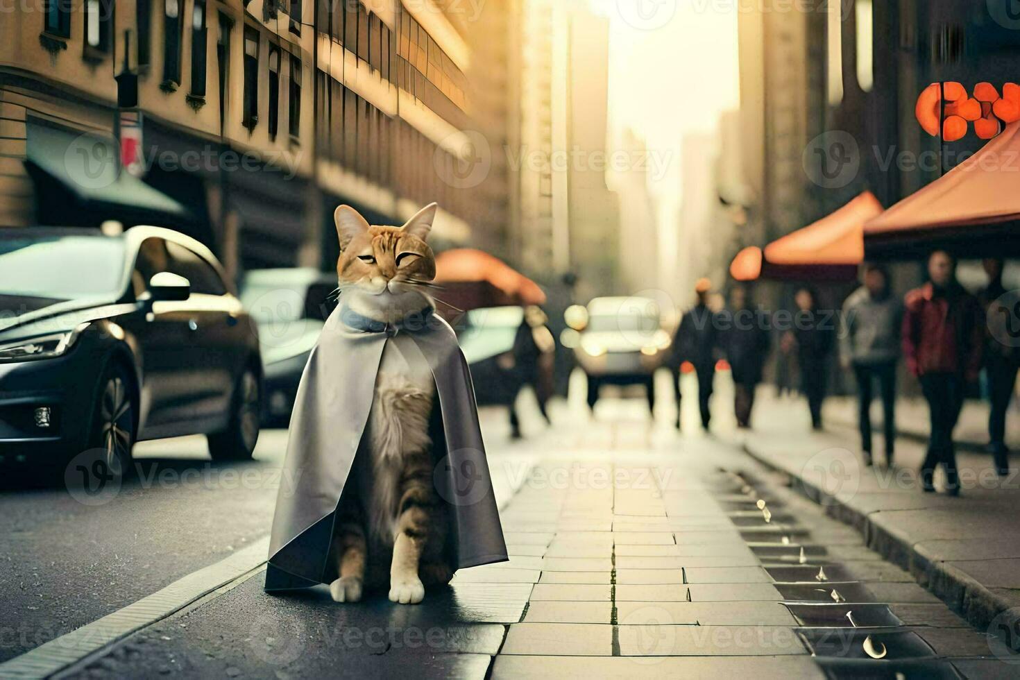 a cat dressed as a superhero walks down a city street. AI-Generated photo