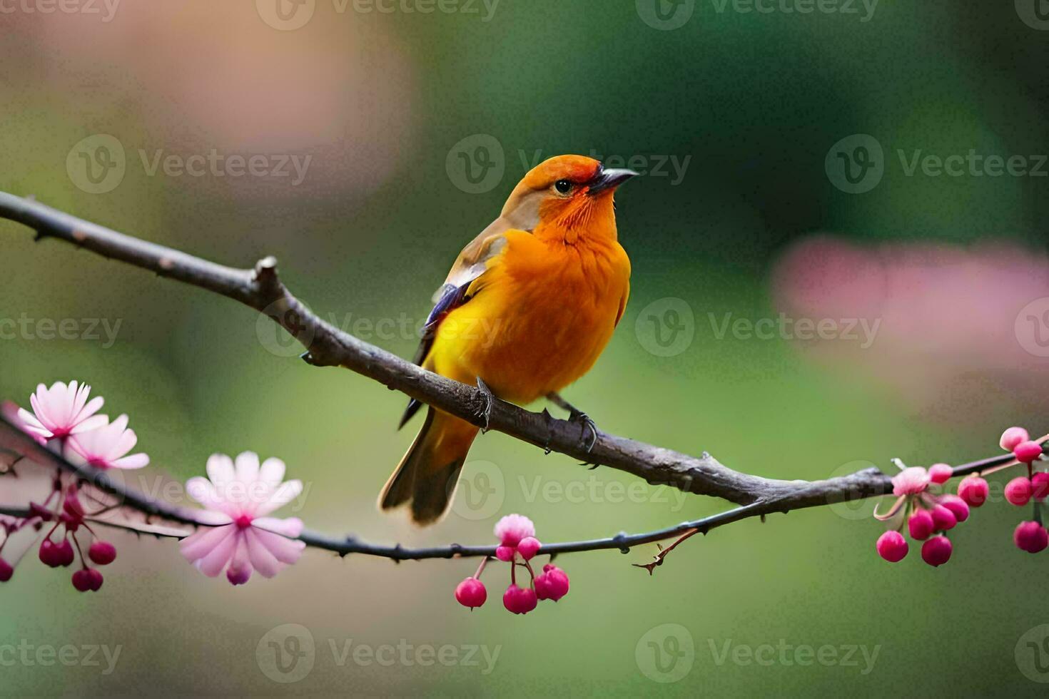 un pequeño naranja pájaro se sienta en un rama con rosado flores generado por ai foto