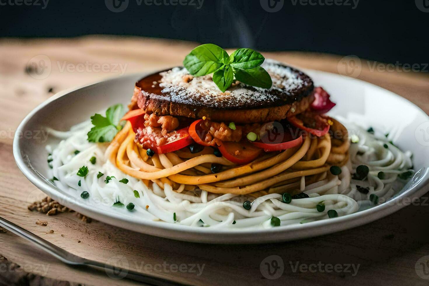 un plato de espaguetis con carne y vegetales. generado por ai foto