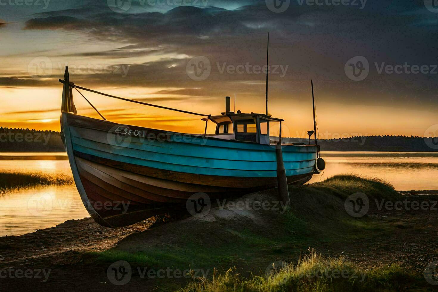 a boat sits on the shore at sunset. AI-Generated photo