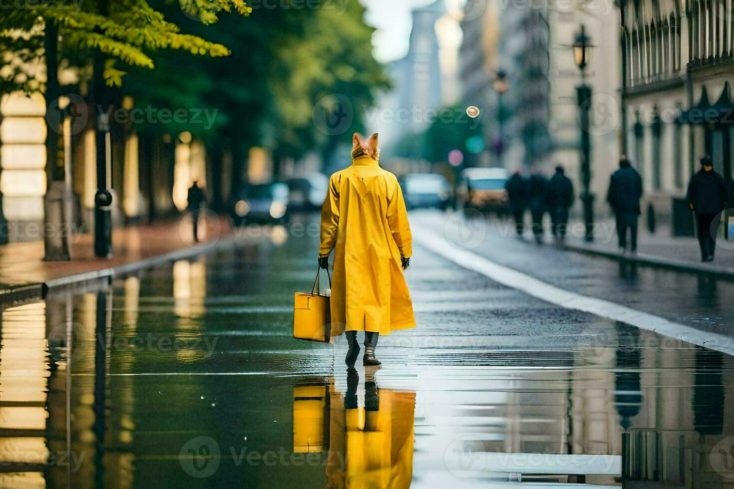 a woman in a yellow raincoat walking down a street. AI-Generated photo