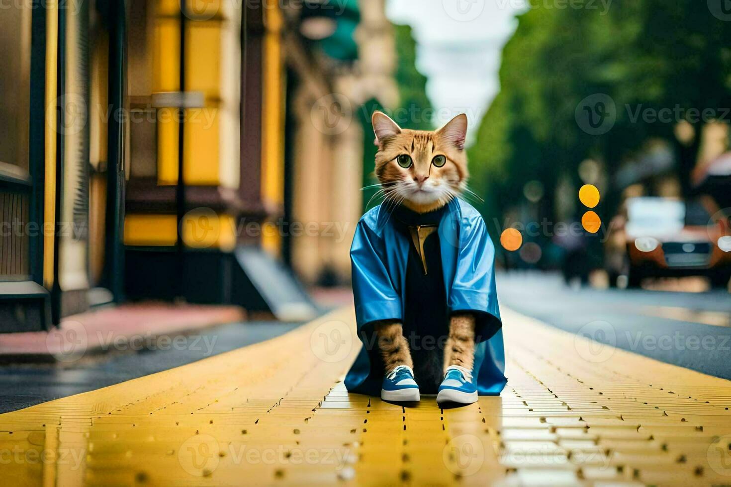 a cat in a blue jacket sitting on the street. AI-Generated photo