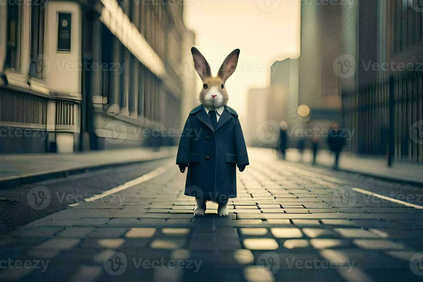 a rabbit dressed in a suit and tie standing on a street. AI-Generated photo