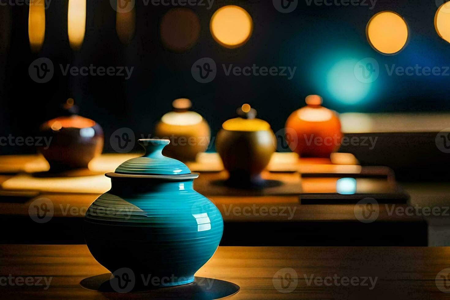 a table with several vases on it. AI-Generated photo