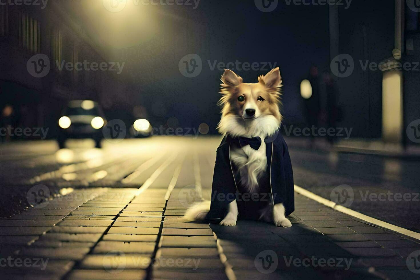 a dog in a tuxedo sitting on the street at night. AI-Generated photo