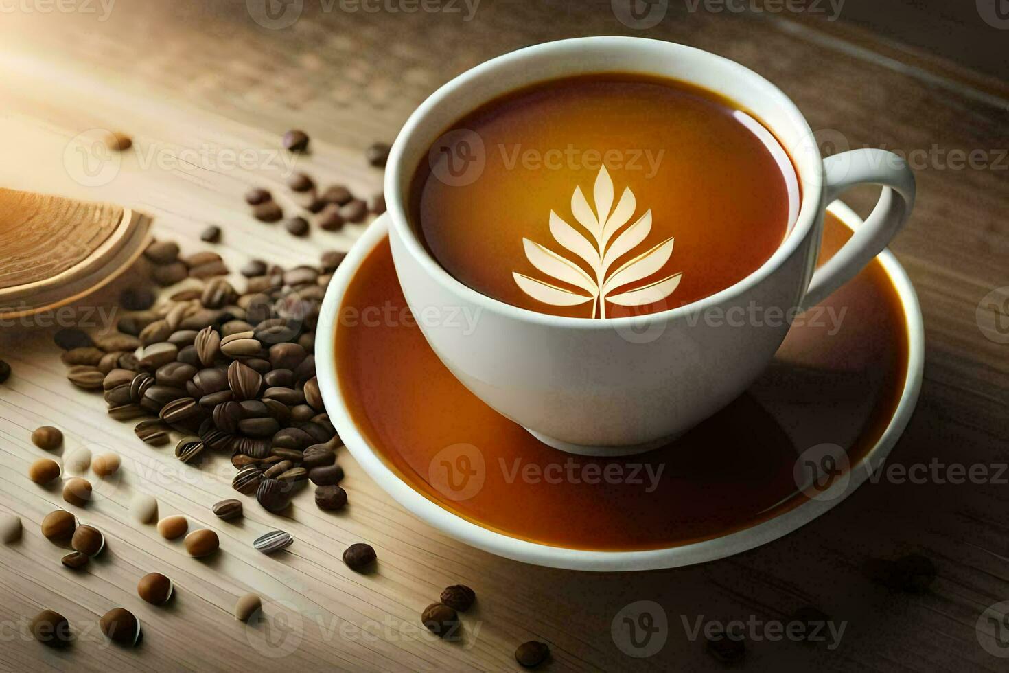 a cup of coffee with a leaf on it. AI-Generated photo