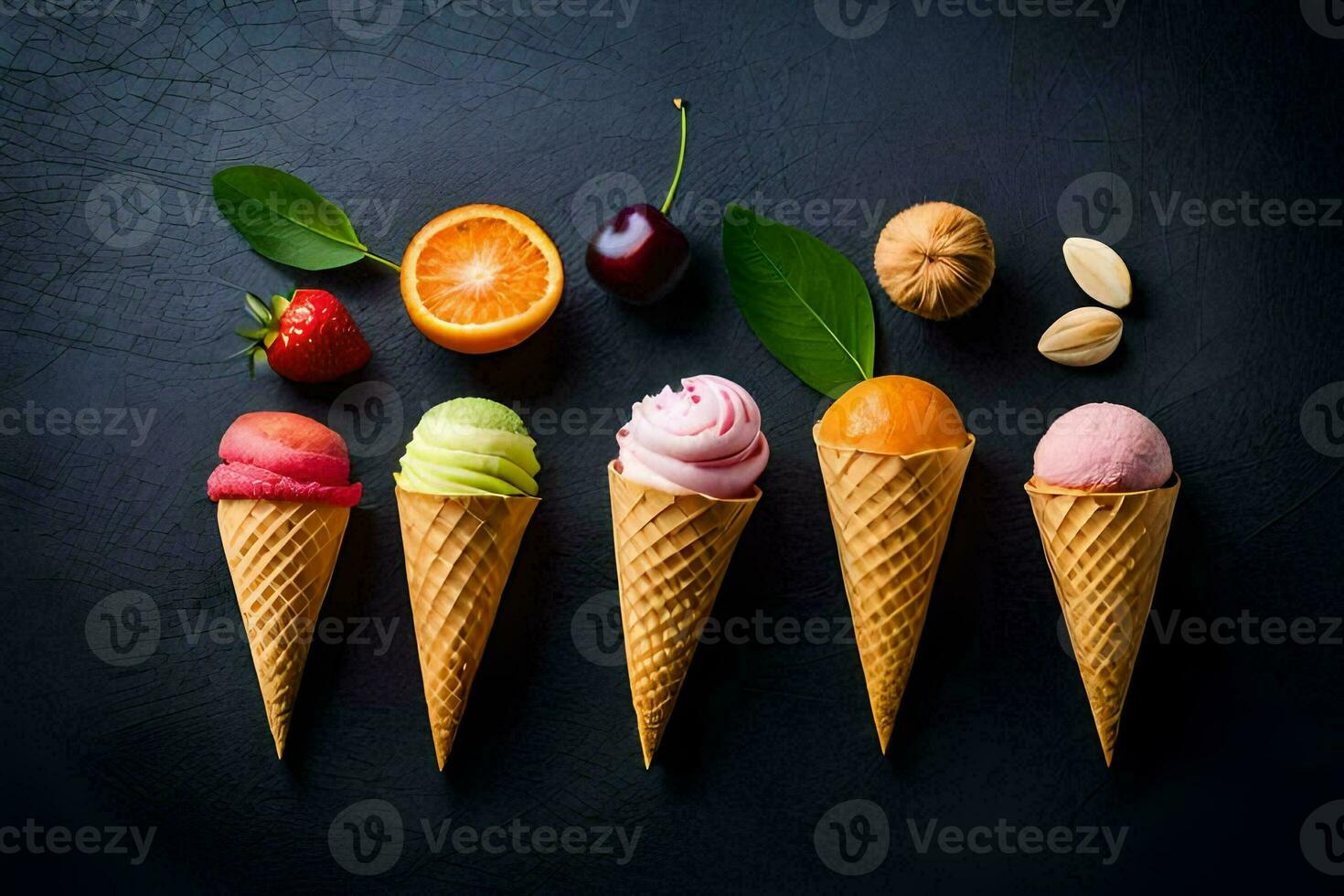 different ice cream flavors in cones on a black background. AI-Generated photo