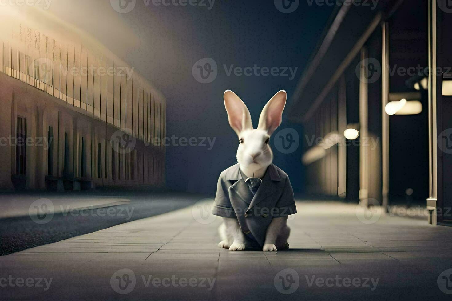 a rabbit wearing a suit and tie sits on the street. AI-Generated photo