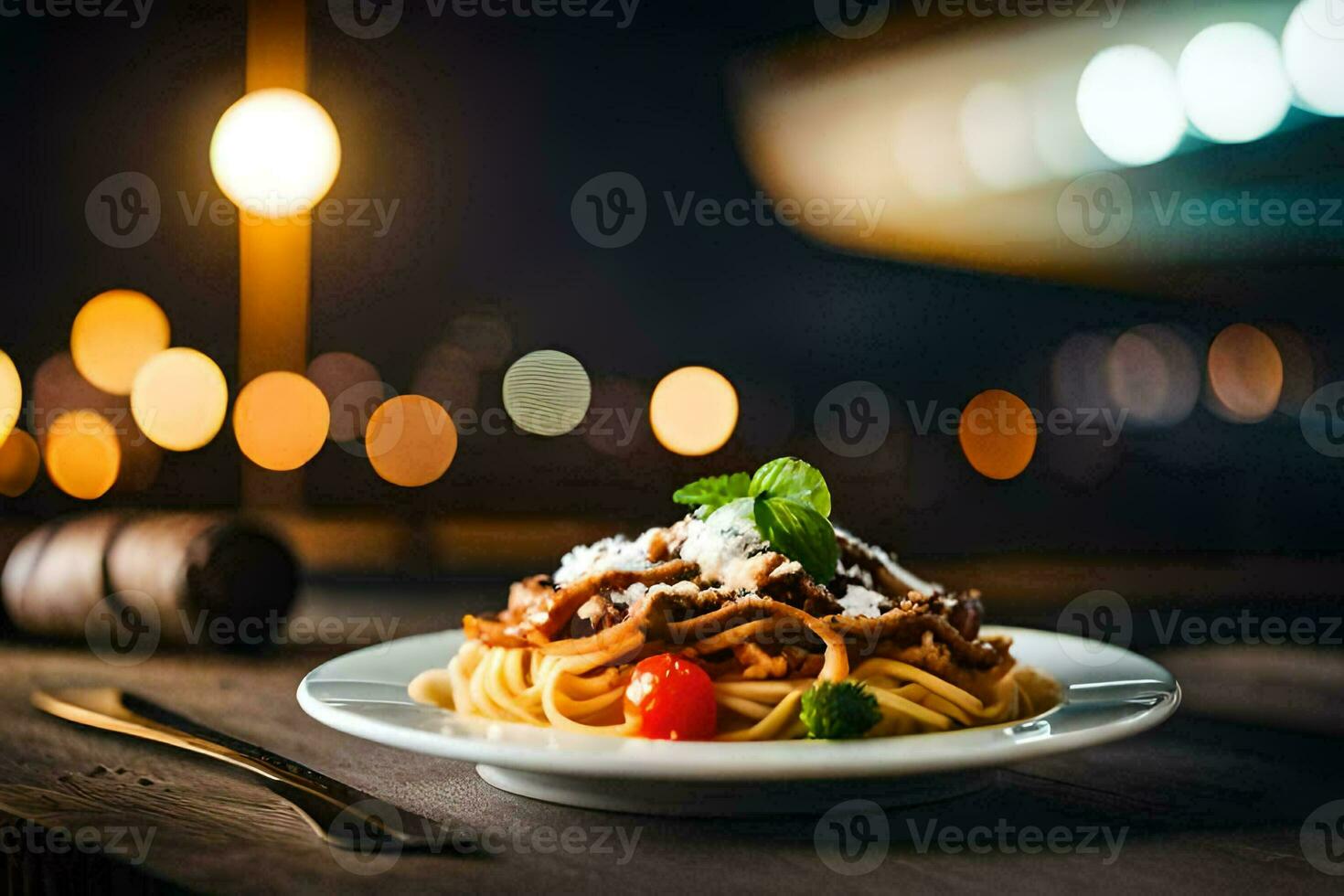 spaghetti with meat and cheese on a plate. AI-Generated photo
