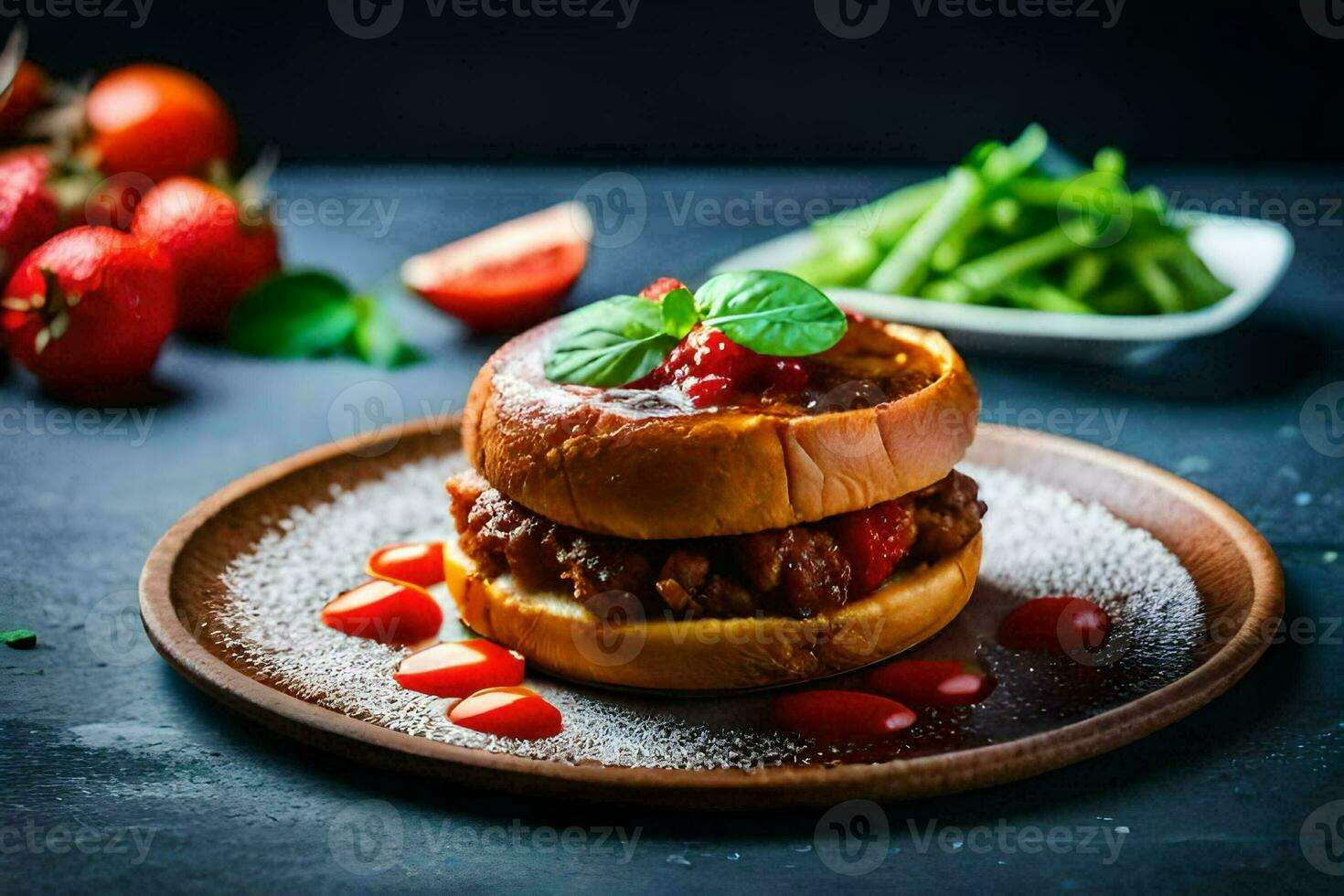 a hamburger with tomato sauce and green beans on a plate. AI-Generated photo
