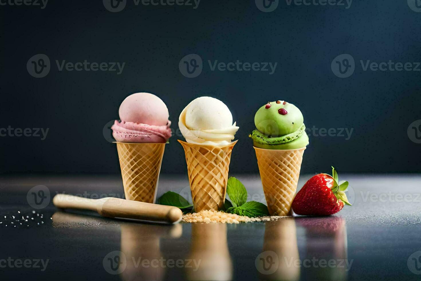 three ice cream cones with different flavors. AI-Generated photo