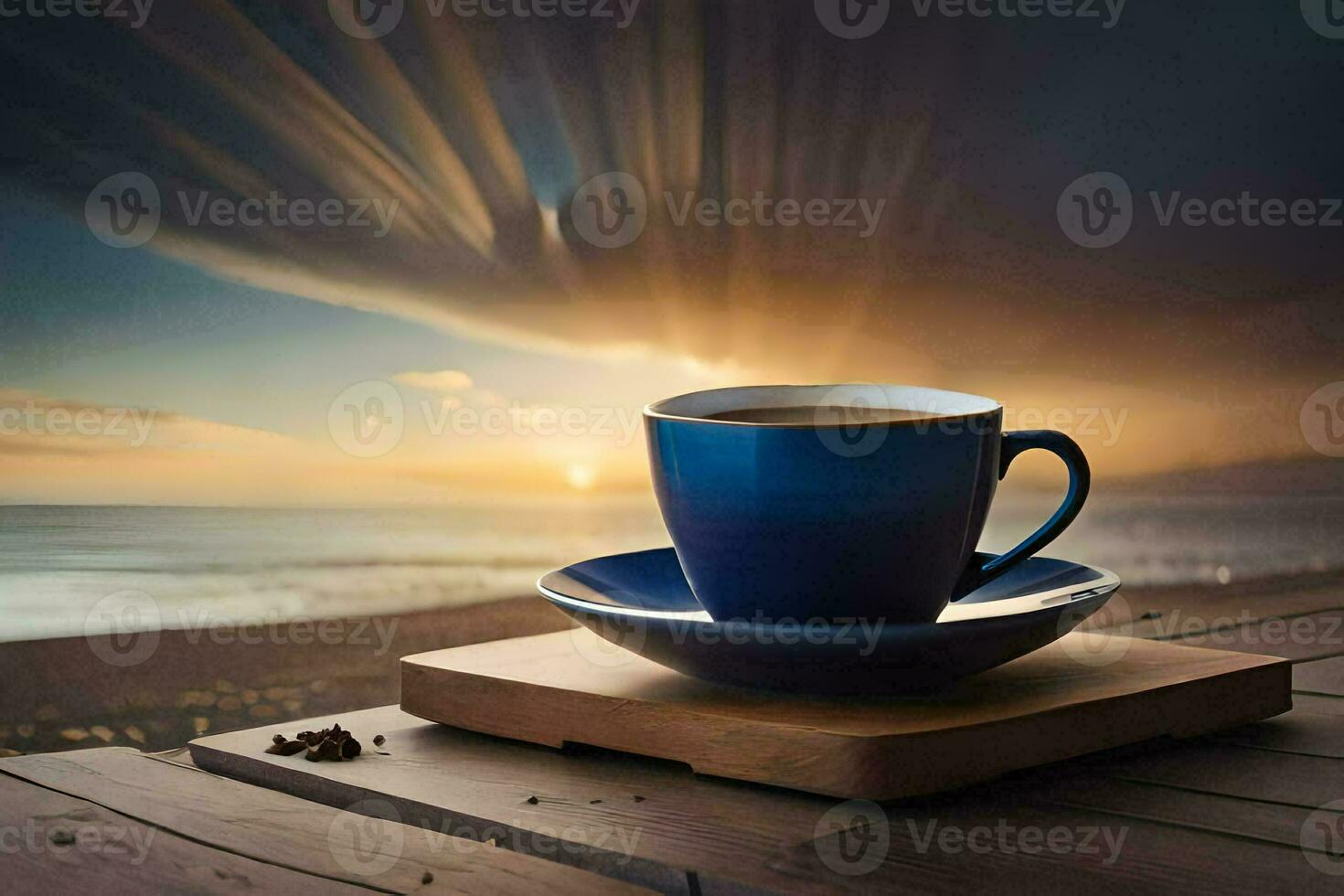 coffee cup, the beach, sunrise, coffee, the sky, hd wallpaper. AI-Generated photo