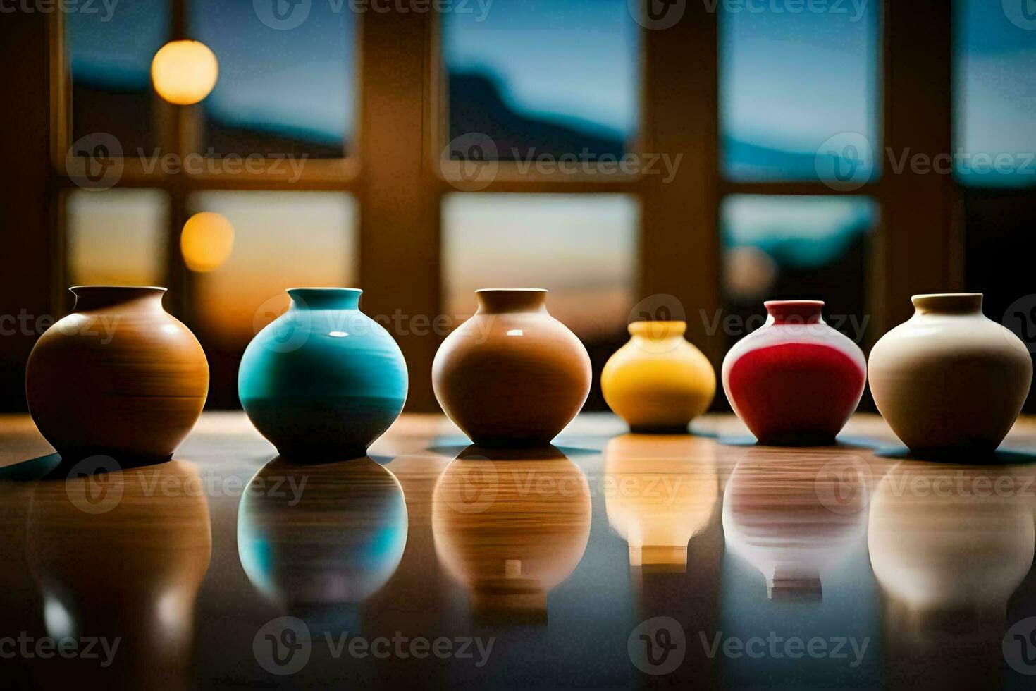 five colorful vases sit on a table in front of a window. AI-Generated photo