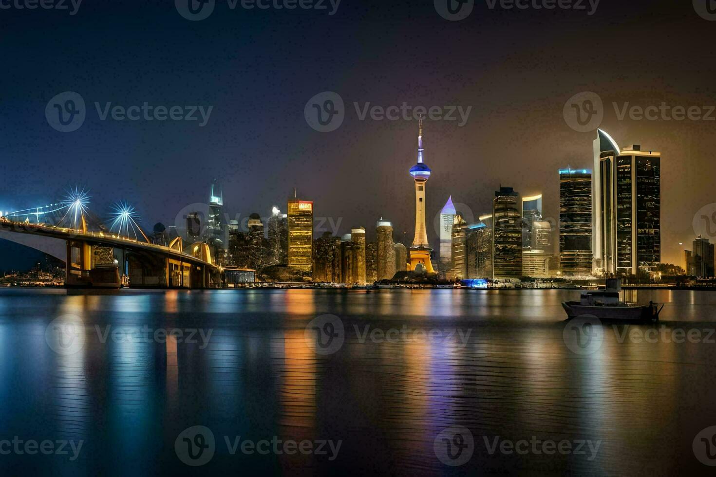 the city skyline at night with a boat in the water. AI-Generated photo