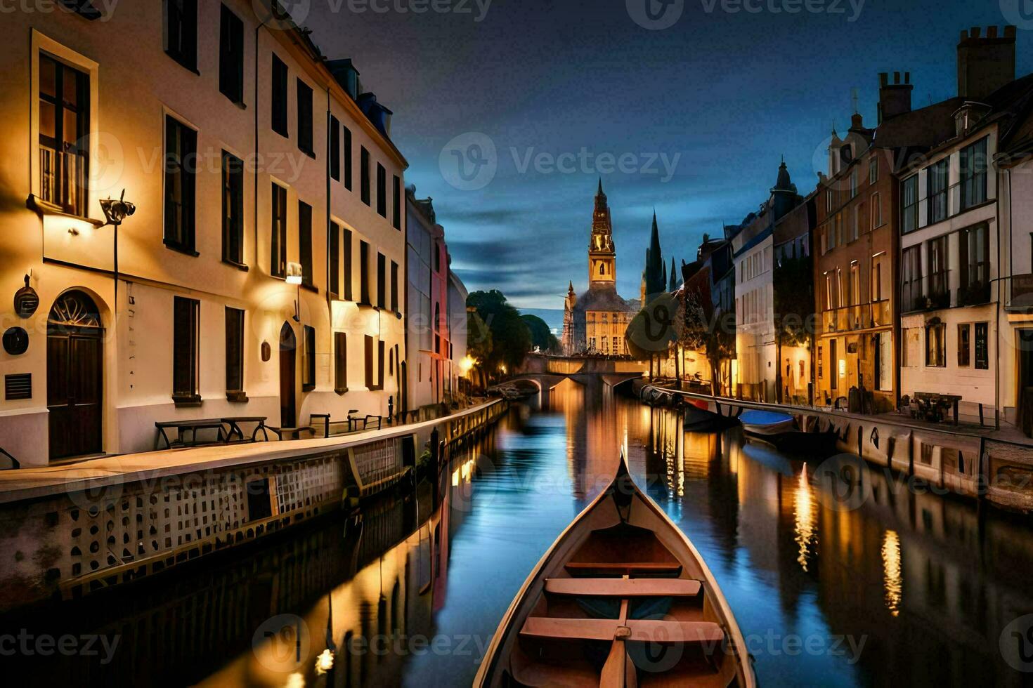 un barco es en un canal a noche con edificios en el antecedentes. generado por ai foto