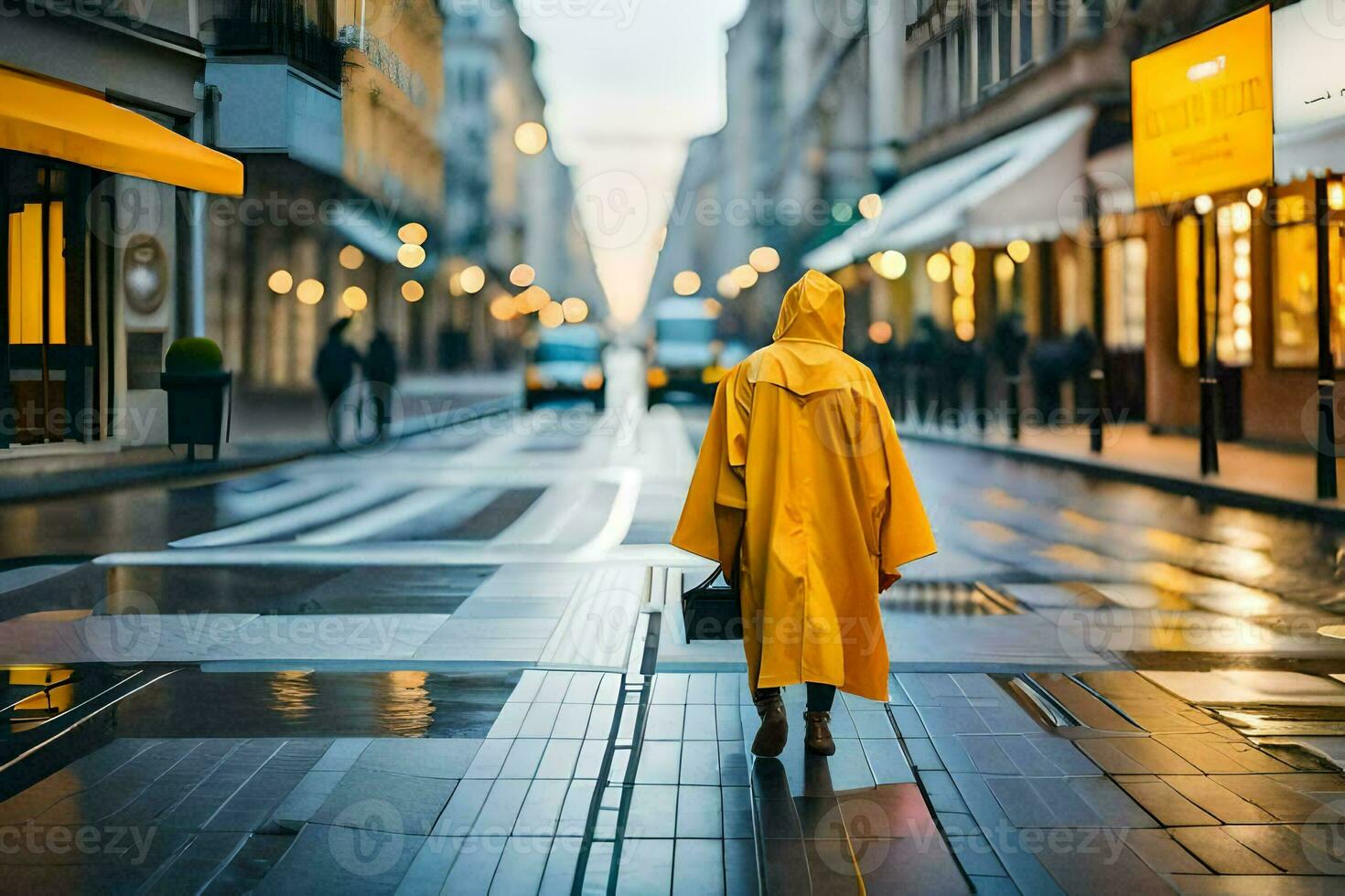 a woman in a yellow raincoat walking down a street. AI-Generated photo