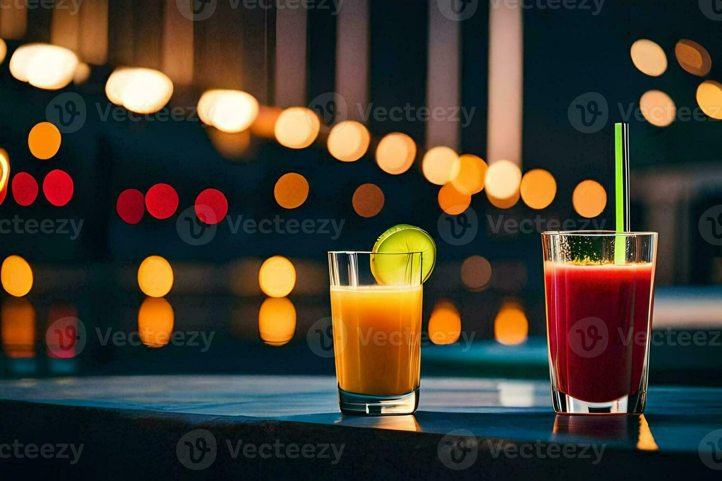 two glasses of juice and a lime on a table in front of a city skyline. AI-Generated photo