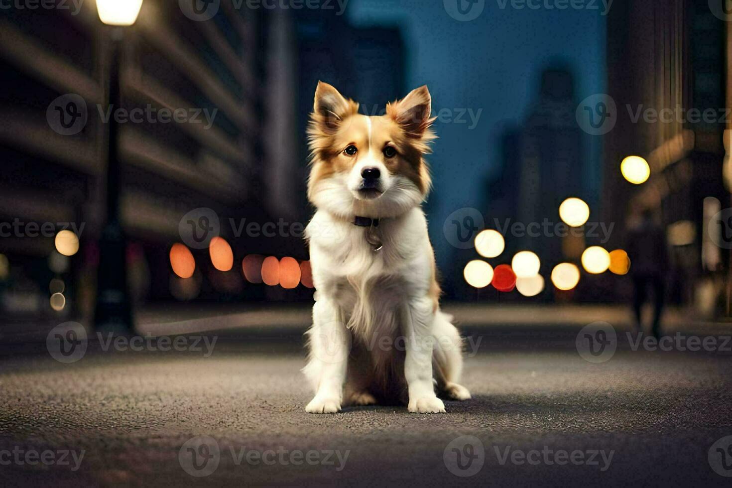 a dog sitting on the street at night. AI-Generated photo