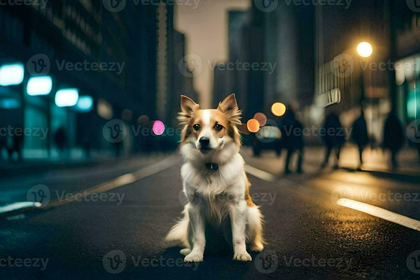 a dog sitting on the street at night. AI-Generated photo