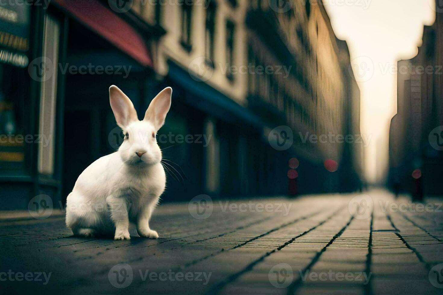 white rabbit sitting on the street in a city. AI-Generated photo