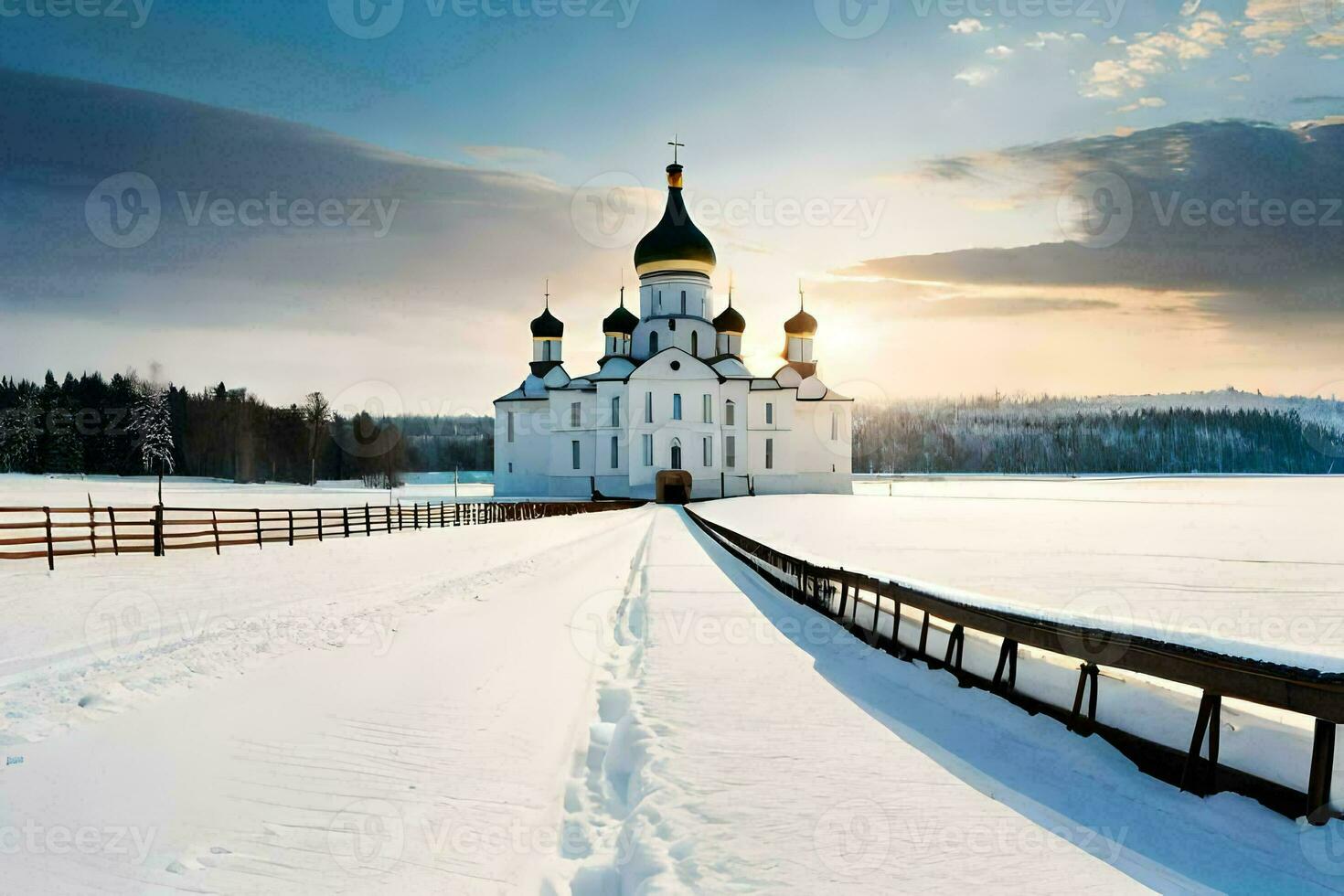 un Iglesia en el nieve con un de madera puente. generado por ai foto