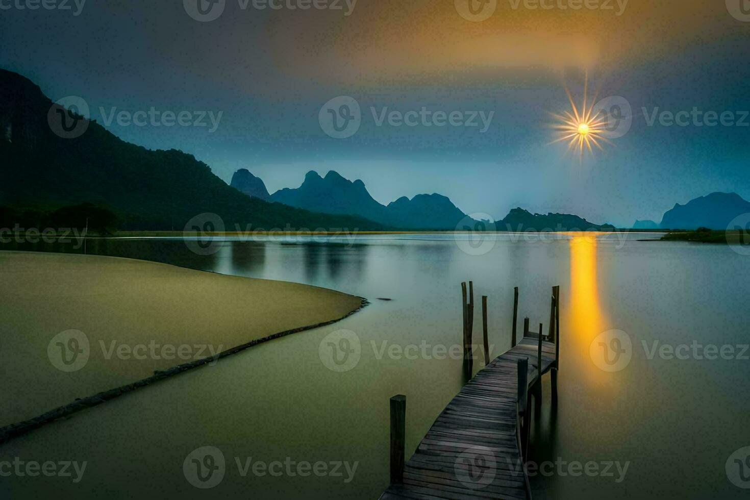 a pier in the middle of a lake at sunset. AI-Generated photo