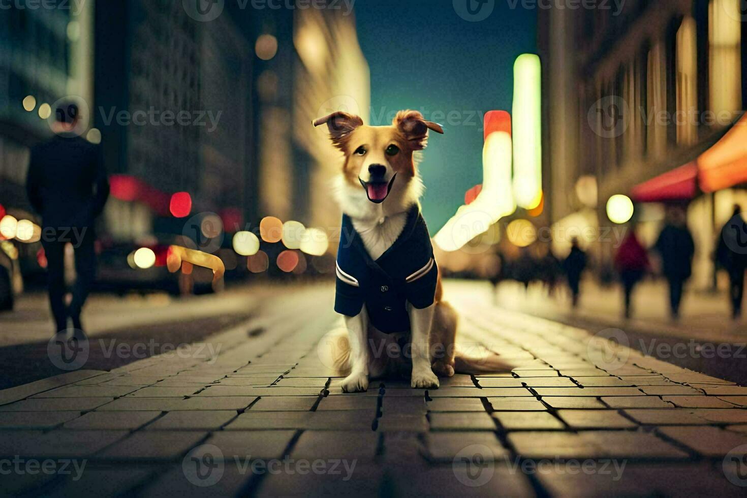 a dog sitting on a brick street at night. AI-Generated photo