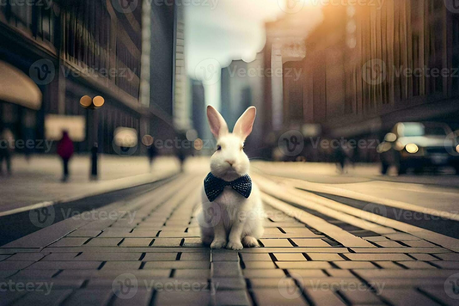 a white rabbit wearing a bow tie on a city street. AI-Generated photo