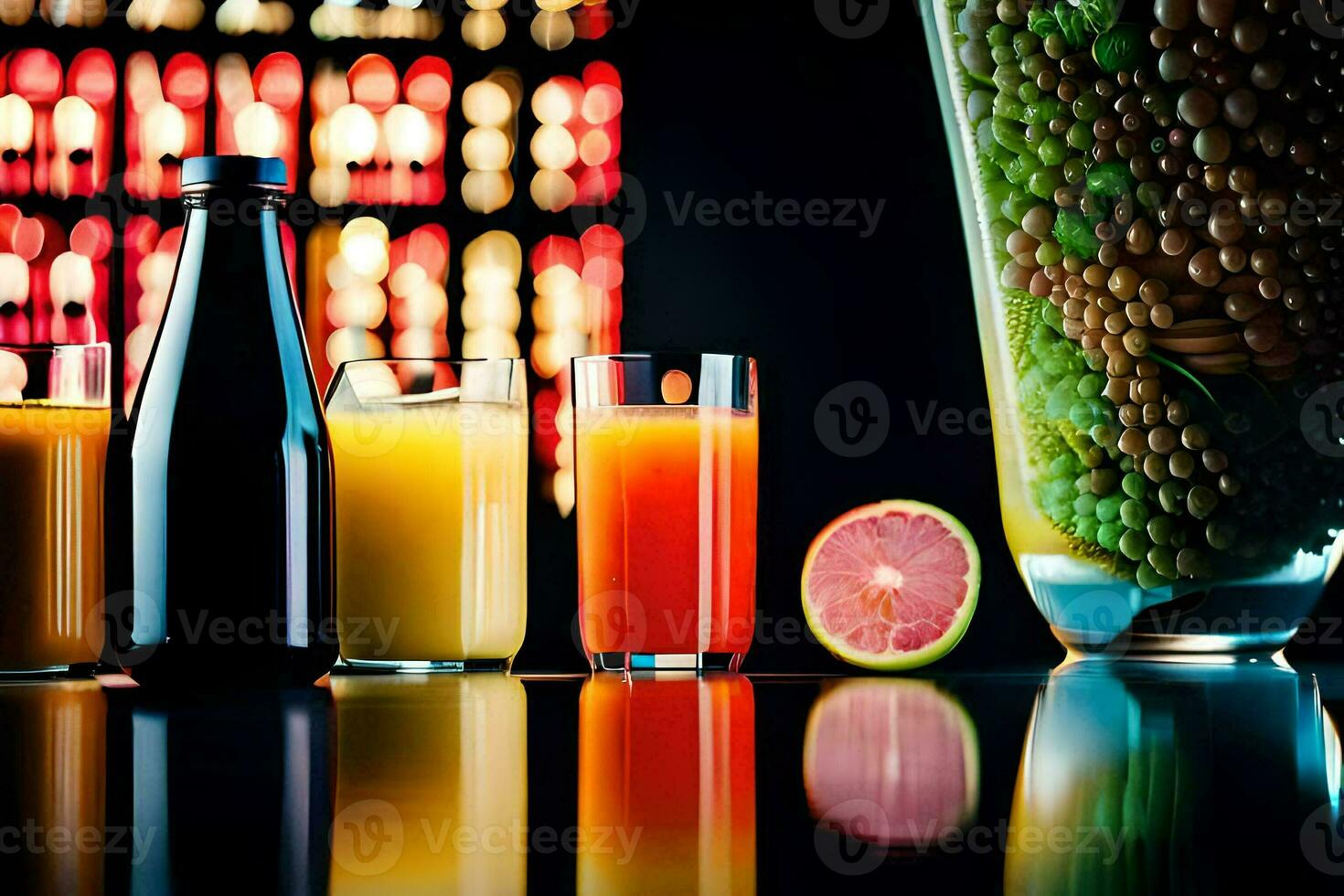un grupo de bebidas y Fruta en un mesa. generado por ai foto