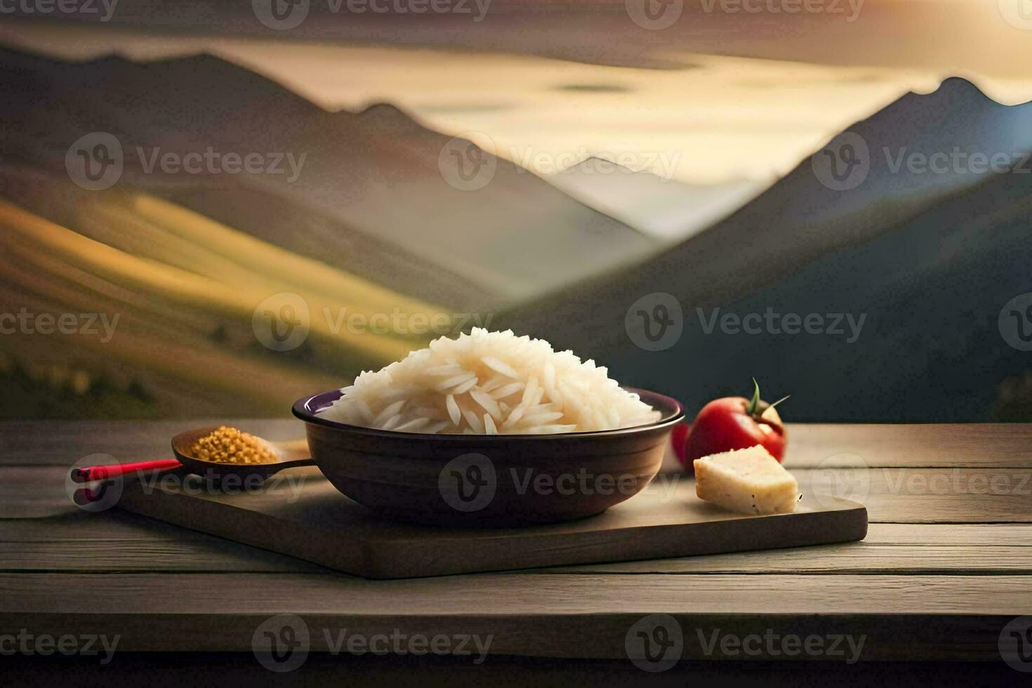 the rice is served on a wooden table with a bowl of tomatoes and a bowl of cheese. AI-Generated photo