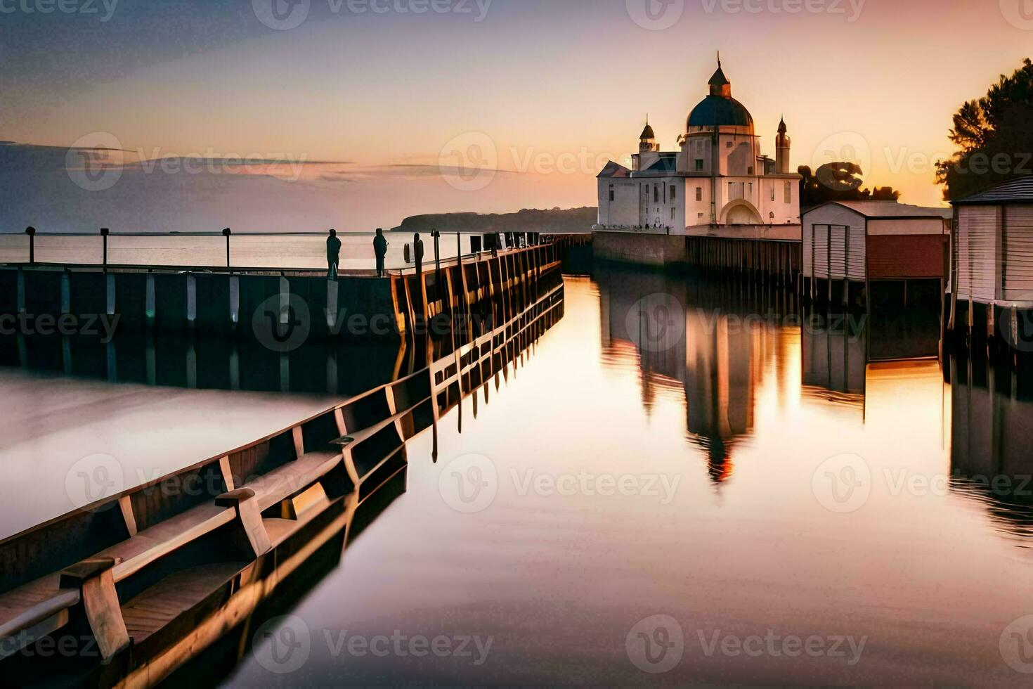 un Iglesia es reflejado en el agua a puesta de sol. generado por ai foto