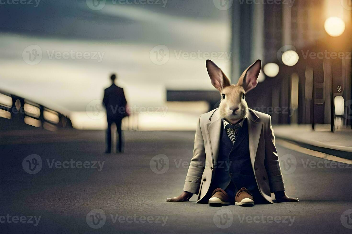 a rabbit in a suit and tie sitting on the ground. AI-Generated photo