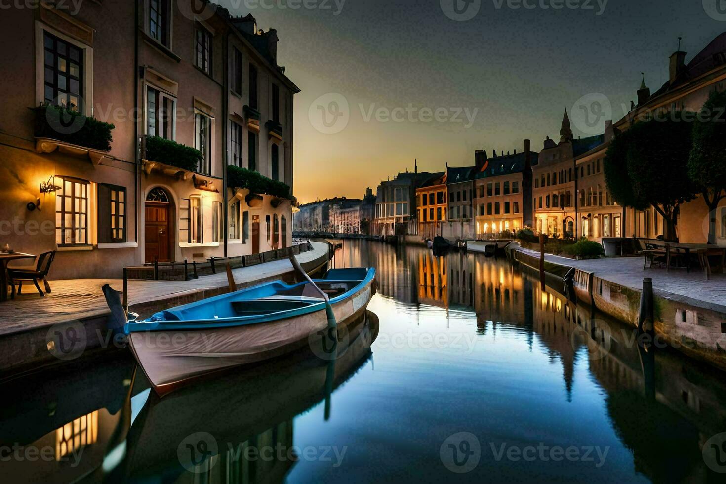 a boat sits on the water in a canal at sunset. AI-Generated photo