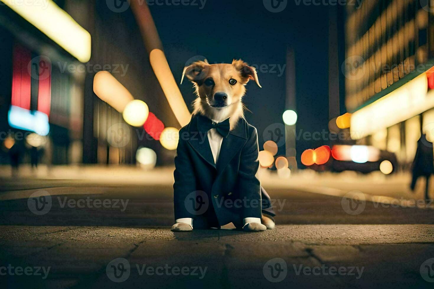 a dog in a tuxedo sitting on the street at night. AI-Generated photo