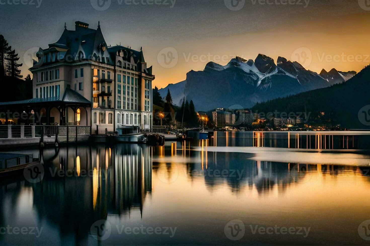 a beautiful lake and a beautiful building at sunset. AI-Generated photo