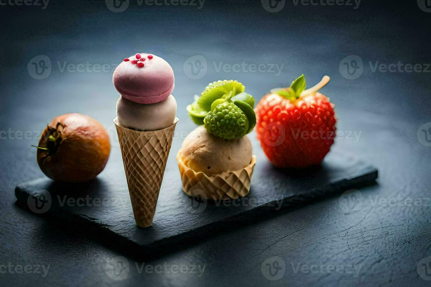 three ice cream cones with strawberries and other fruits. AI-Generated photo