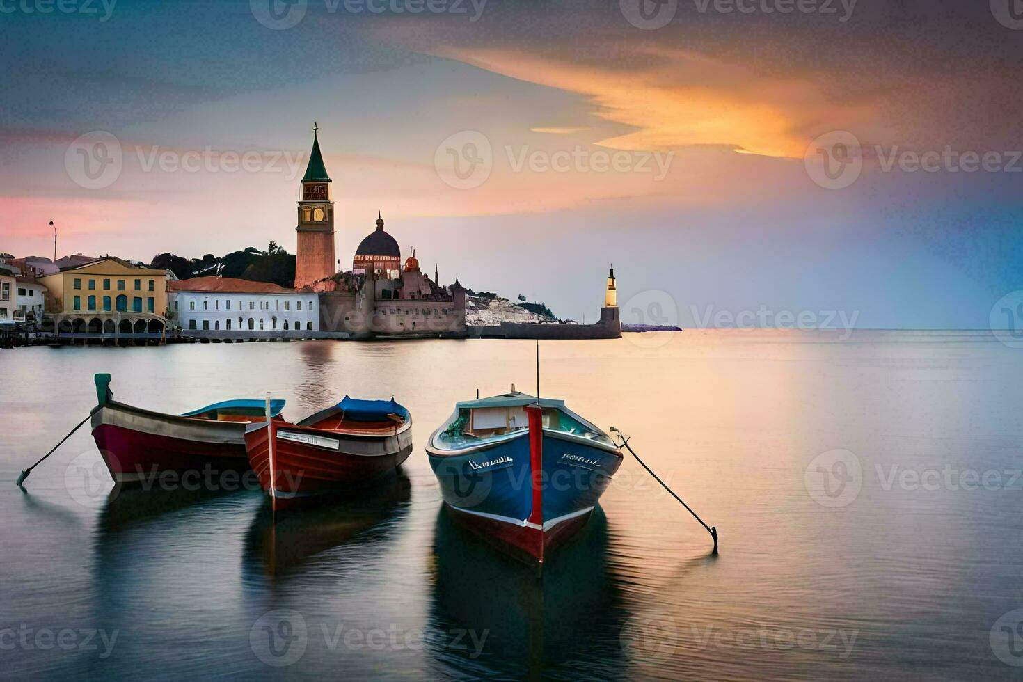 barcos en el agua a puesta de sol con un Iglesia en el antecedentes. generado por ai foto